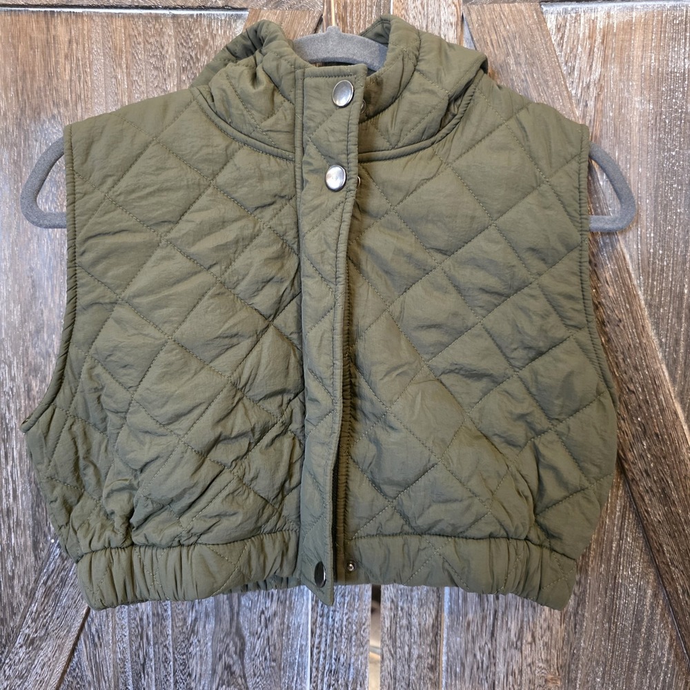 Anthropologie Pilcro Vest Olive Green Puffer Zip Up Cropped Quilted Hooded